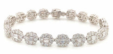 8.13CT DIAMOND 18KT WHITE GOLD 3D ROUND & BAGUETTE MULTI FLOWER TENNIS BRACELET