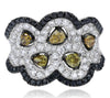 LARGE 2.37CT WHITE BLACK & MULTI COLOR DIAMOND 18KT WHITE GOLD FLORAL FUN RING