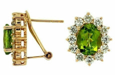 ESTATE 5.40CT DIAMOND & AAA PERIDOT 14K YELLOW GOLD OVAL FLOWER CLIP ON EARRINGS
