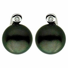 ESTATE .18CT ROUND DIAMOND & AAA TAHITIAN PEARL 14K WHITE GOLD 3D LOVE EARRINGS