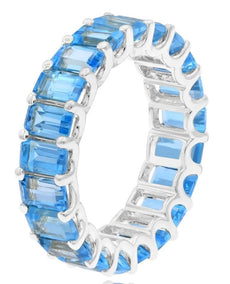 7.86CT AAA BLUE TOPAZ 14KT WHITE GOLD EMERALD CUT SHARED PRONG ETERNITY FUN RING