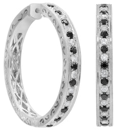 1.35CT WHITE & BLACK DIAMOND 18KT WHITE GOLD 3D FILIGREE HOOP HANGING EARRINGS