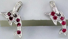 ESTATE .39CT DIAMOND & AAA RUBY 14K WHITE GOLD 3D HAPPY DOLPHIN HANGING EARRINGS