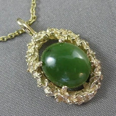 ANTIQUE LARGE 14KT YELLOW GOLD SOLITAIRE AAA OVAL JADE FILIGREE PENDANT #22662