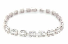 4.05CT DIAMOND 18KT WHITE GOLD 3D ROUND & BAGUETTE SQUARE FLORAL TENNIS BRACELET
