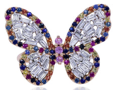 1.56CT DIAMOND & AAA MULTI COLOR SAPPHIRE 18K YELLOW GOLD 3D BUTTERFLY LOVE RING