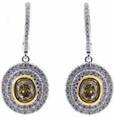 2.6CT WHITE & FANCY YELLOW DIAMOND 18K 2 TONE GOLD OVAL & ROUND HANGING EARRINGS