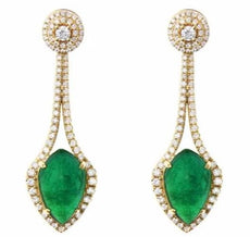 LARGE 12.32CT DIAMOND & AAA EMERALD 18KT YELLOW GOLD TEAR DROP HANGING EARRINGS