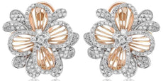 LARGE .95CT DIAMOND 14KT WHITE & ROSE GOLD FLOWER FUN CLIP ON HANGING EARRINGS