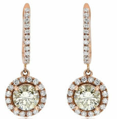 1.75CT WHITE & GREEN DIAMOND 14K ROSE GOLD SOLITAIRE HALO ROUND HANGING EARRINGS