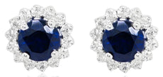 .75CT DIAMOND & AAA SAPPHIRE 14KT WHITE GOLD 3D ROUND HALO FLOWER STUD EARRINGS