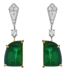 14.21CT DIAMOND & AAA EMERALD 18KT 2 TONE GOLD ROUND & HALF A MOON FUN EARRINGS