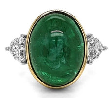 LARGE 11.55CT DIAMOND & AAA EMERALD 18K 2 TONE GOLD OVAL 3 STONE ENGAGEMENT RING