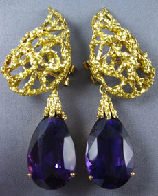 ANTIQUE EXTRA LARGE 22.0CT AAA AMETHYST 14KT YELLOW GOLD 3D PEAR SHAPE EARRINGS