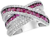 LARGE 2.43CT DIAMOND & AAA RUBY 14KT WHITE GOLD MULTI ROW CRISS CROSS LOVE RING