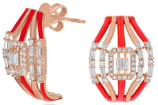 WIDE .76CT DIAMOND & RED ENAMEL 14KT ROSE GOLD 3D ROUND & BAGUETTE FUN EARRINGS