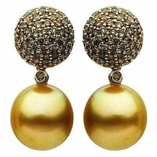 ESTATE LARGE 2.1CT MOCHA DIAMOND & GOLDEN SOUTH SEA PEARL 18K ROSE GOLD EARRINGS