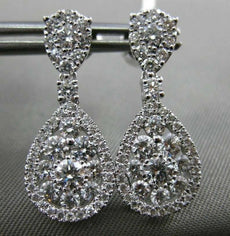 ESTATE 1.74CT DIAMOND 18K WHITE GOLD 3D PEAR SHAPE CLUSTER HALO HANGING EARRINGS