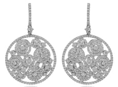 LARGE 4.18CT DIAMOND 18KT WHITE GOLD 3D MULTI CIRCULAR FLORAL HANGING EARRINGS