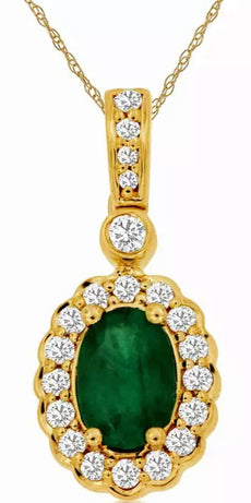 .95CT DIAMOND & AAA EMERALD 14K YELLOW GOLD OVAL & ROUND FLOWER FLOATING PENDANT