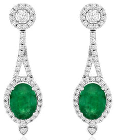 2.83CT DIAMOND & AAA EMERALD 14KT WHITE GOLD OVAL & ROUND DOUBLE FLOWER EARRINGS