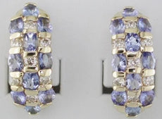 WIDE 4.44CT DIAMOND & AAA TANZANITE 14KT YELLOW GOLD OVAL & ROUND 3 ROW EARRINGS