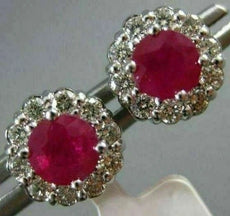 ESTATE 1.30CT DIAMOND & AAA RUBY 14KT WHITE GOLD 3D FLOWER CLASSIC STUD EARRINGS