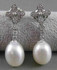 ANTIQUE DIAMOND 11M OVAL SEA PEARL 14K WHITE GOLD HANGING FILIGREE EARRINGS #836