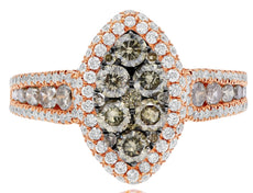 1.86CT WHITE & CHOCOLATE FANCY DIAMOND 14KT ROSE GOLD DOUBLE HALO MARQUISE RING