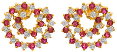 LARGE 3.0CT DIAMOND & AAA RUBY 14KT YELLOW GOLD DOUBLE CIRCULAR SIDEWAY EARRINGS