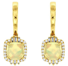 2.09CT DIAMOND & AAA OPAL 14KT YELLOW GOLD 3D ROUND BAGUETTE & CUSHION EARRINGS