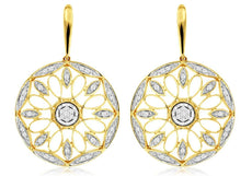 LARGE .25CT DIAMOND 14KT YELLOW GOLD 3D OPEN FILIGREE CIRCULAR HANGING EARRINGS