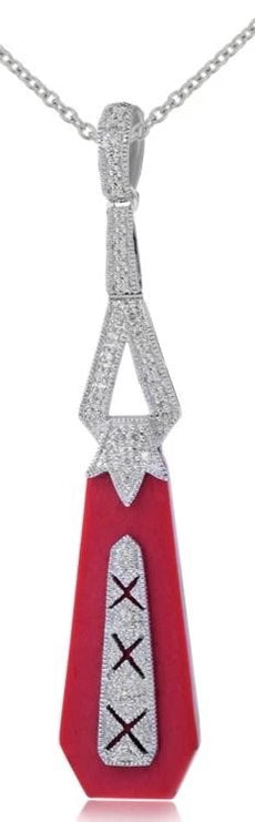 .13CT DIAMOND & RED ENAMEL 14K WHITE GOLD 3D FILIGREE ELONGATED FLOATING PENDANT
