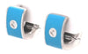 .05CT DIAMOND & BLUE ENAMEL 18KT WHITE GOLD ROUND SQUARE HOOP HANGING EARRINGS