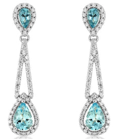 2.06CT DIAMOND & AAA AQUAMARINE 14KT WHITE GOLD PEAR SHAPE & ROUND HALO EARRINGS