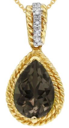 2.01CT DIAMOND & AAA SMOKY QUARTZ 14KT YELLOW GOLD 3D PEAR SHAPE & ROUND PENDANT