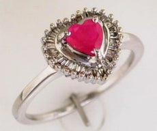 .85CT DIAMOND & AAA RUBY 14K WHITE GOLD HEART SHAPE & BAGUETTE CLASSIC LOVE RING