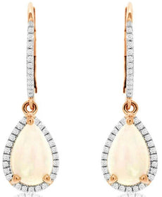 1.72CT DIAMOND & AAA OPAL 14K ROSE GOLD PEAR SHAPE & ROUND HALO HANGING EARRINGS