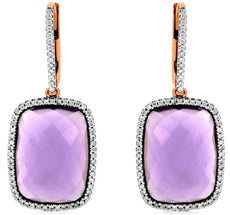 LARGE 15.40CT DIAMOND & AAA AMETHYST 14KT ROSE GOLD CUSHION CUT HANGING EARRINGS