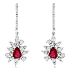 2.65CT DIAMOND & AAA RUBY 14KT WHITE GOLD 3D PEAR SHAPE & ROUND HANGING EARRINGS