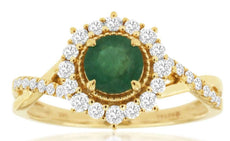 1.04CT DIAMOND & AAA EMERALD 14KT YELLOW GOLD 3D HALO INFINITY FLOWER LOVE RING