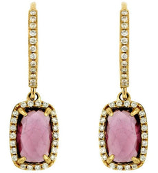 3.06CT DIAMOND & AAA RHODOLITE 14KT YELLOW GOLD 3D CUSHION HALO HANGING EARRINGS