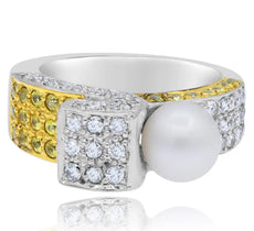 1.60CT DIAMOND & AAA SOUTH SEA PEARL & YELLOW SAPPHIRE 14KT WHITE GOLD FUN RING