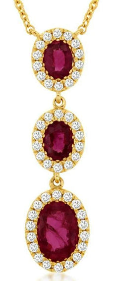 1.14CT DIAMOND & AAA RUBY 14KT YELLOW GOLD OVAL & ROUND 3 STONE JOURNEY NECKLACE