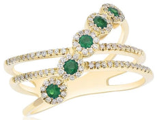 .49CT DIAMOND & AAA EMERALD 14KT YELLOW GOLD MULTI FLOWER CRISS CROSS LOVE RING
