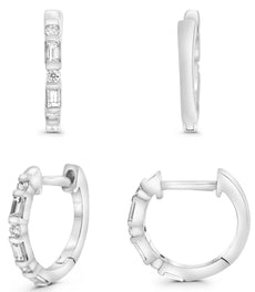 .17CT DIAMOND 14K WHITE GOLD 3D ROUND & BAGUETTE CHANNEL HUGGIE HANGING EARRINGS