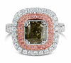 LARGE 3CT MULTI COLOR DIAMOND 18KT WHITE ROSE GOLD CUSHION HALO ENGAGEMENT RING