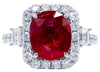 LARGE 5.75CT DIAMOND & AAA RUBY 18KT WHITE GOLD OVAL ORUND & BAGUETTE HALO RING