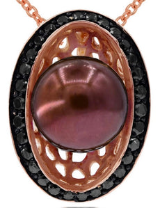 .38CT BLACK DIAMOND & AAA BROWN PEARL 14K ROSE GOLD 3D OVAL FUN FLOATING PENDANT