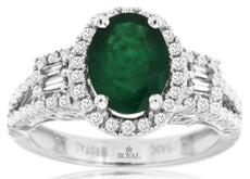 2.33CT DIAMOND & AAA EMERALD 14KT WHITE GOLD OVAL ROUND BAGUETTE ENGAGEMENT RING